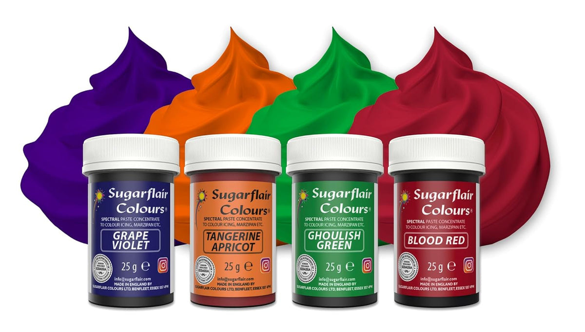 Set de coloranți alimentari pentru paste Sugarflair/4, coloranți alimentari pentru paste, fondant, marțipan, pastă de zahăr, cremă de unt și multe altele: Verde macabru, Violet struguri, Roșu sângeriu