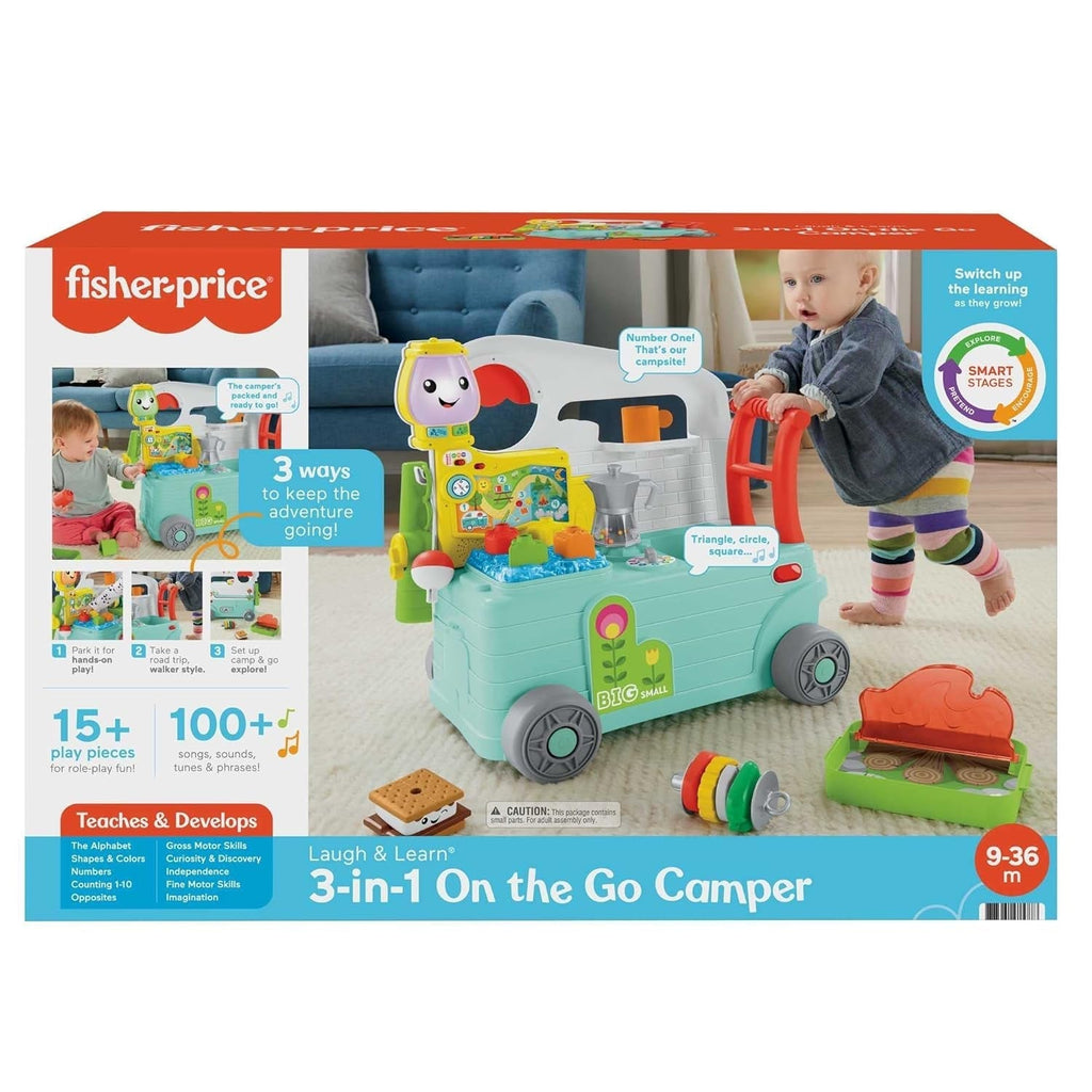 Fisher-Price - Laugh and Learn Camper 3-in-1, jucărie de împins primii pași și centru de activități muzicale, jucărie pentru copii 9-36 luni, HCK51 Jucarii Bebe Naty Shop