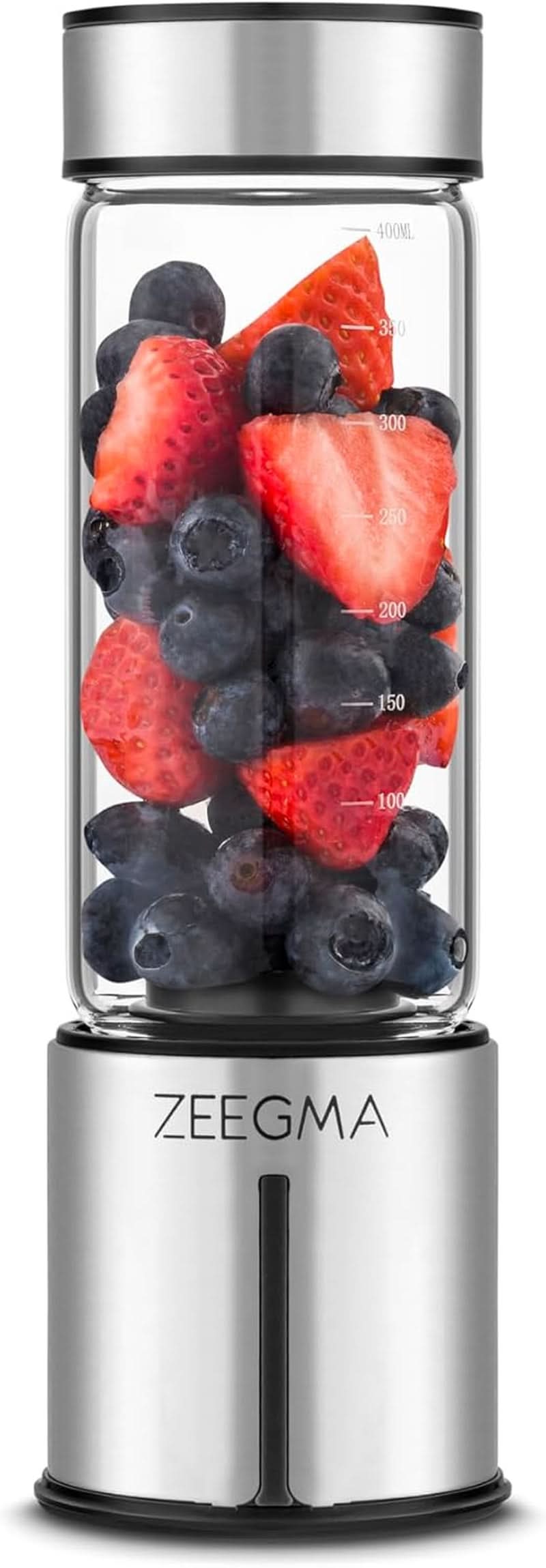 ZEEGMA Vitamine GO Tragbarer Mixer für Cocktails und Smoothies 300 W, persönlicher Mixer, Mini-Mixer 450 ml mit 6 Klingen, 2 Geschwindigkeiten Akku 5000 Mah, 25 Anwendungen pro Ladung Mutter und Kind Naty Shop Silver On-The-Go(Glass)