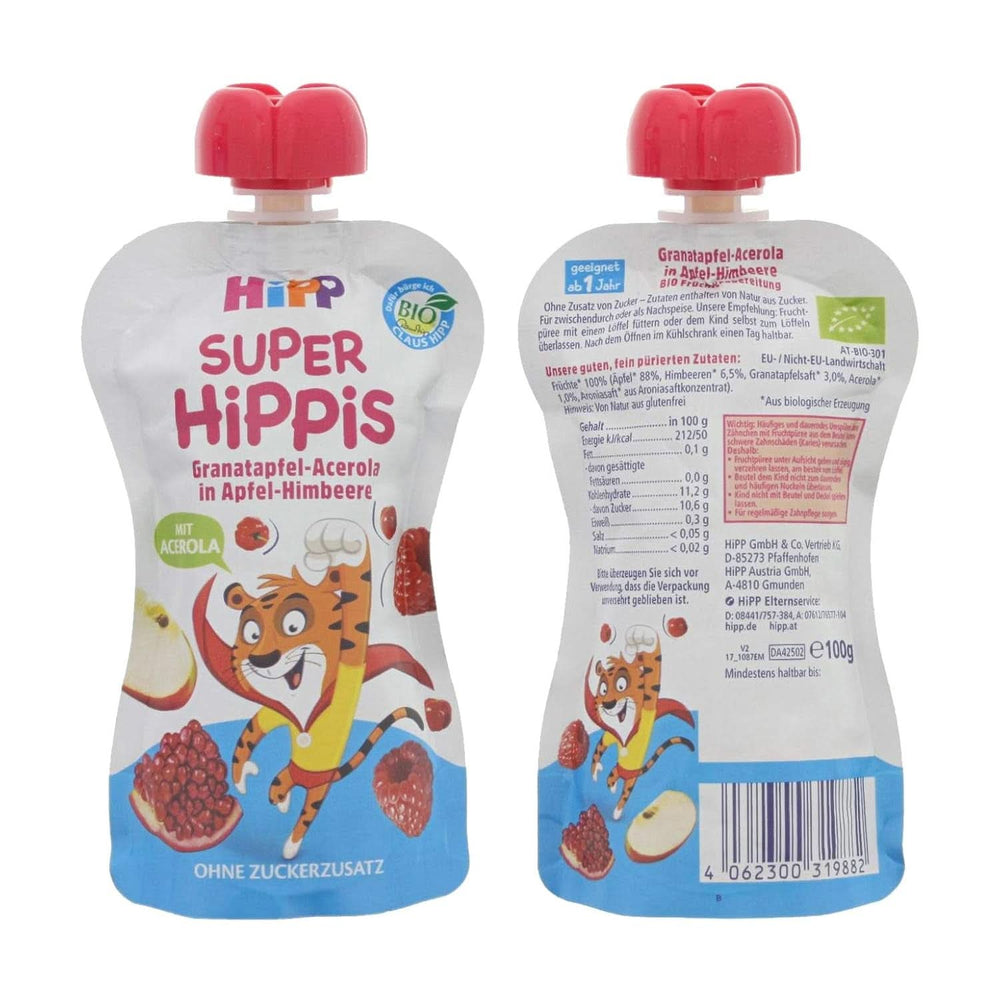 Hipp Super-Hippis Quetschbeutel, Granatapfel-Acerola in Apfel-Himbeere, 100 % Bio-Früchte ohne Zuckerzusatz, 6 Beutel à 100 g Mutter und Kind Naty Shop