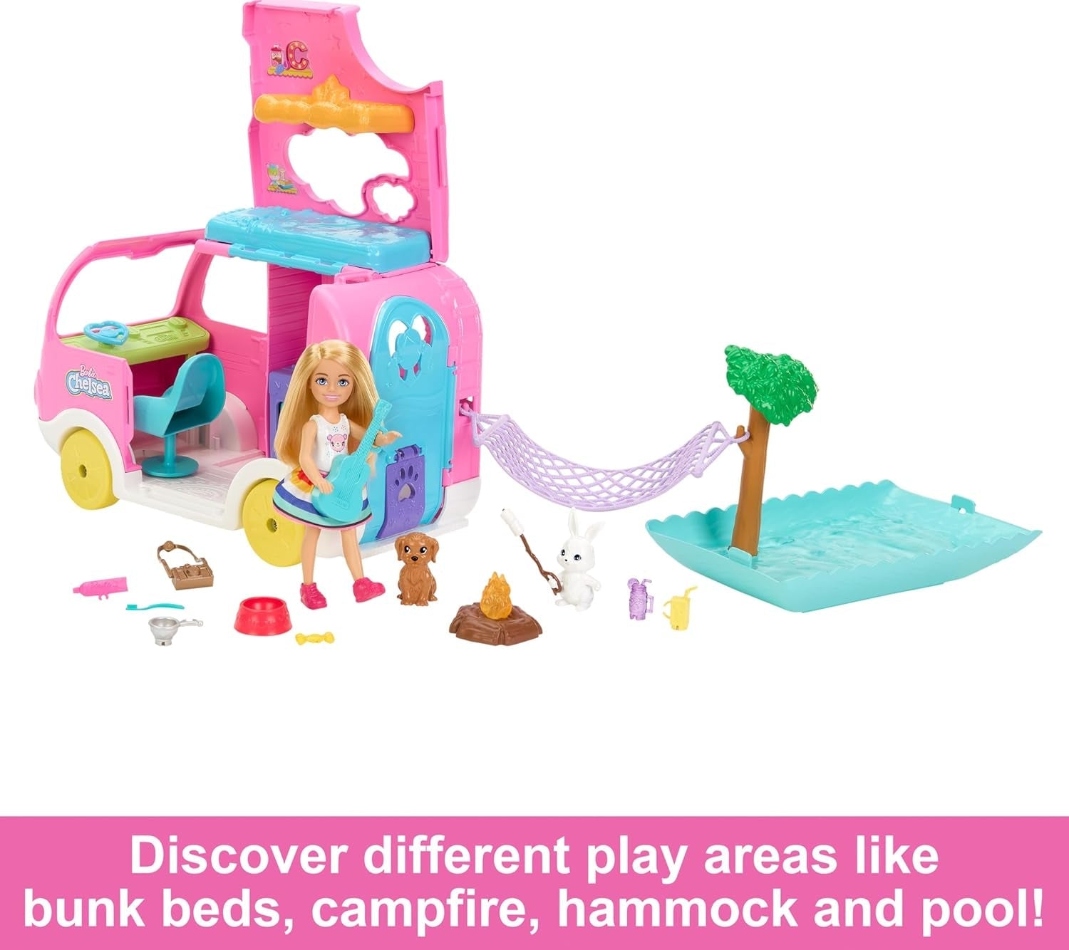 Barbie Chelsea 2-in-1-Camper - Spielzeugfahrzeug mit Pool, Hängematte und Essbereich, für fantasievolles Spielen und Geschichtenerzählen, ab 3 Jahren, HNH90