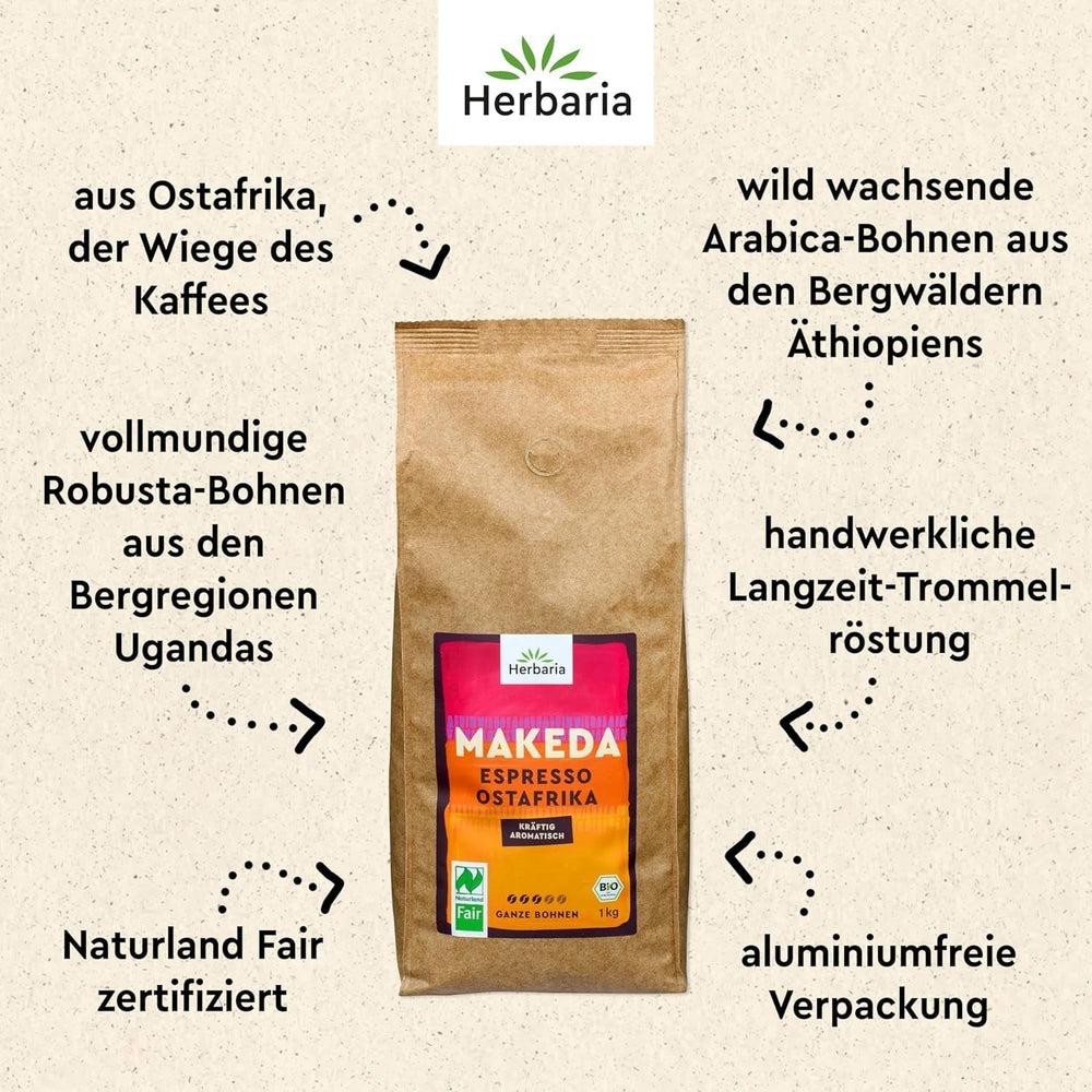 Herbaria MAKEDA Bio-Espresso ganze Bohnen 1 kg – Naturland Fair zertifiziert aus Ostafrika – Röstaromen mit Kakao und Noten von Eichenholz – Bio-Kaffeebohnen perfekt für tragbare Filter und Kaffeevollautomaten Cafea Naty Shop