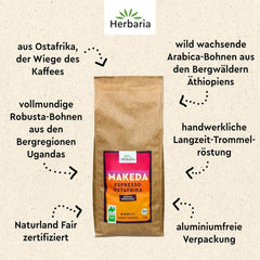 Herbaria MAKEDA Bio-Espresso ganze Bohnen 1 kg – Naturland Fair zertifiziert aus Ostafrika – Röstaromen mit Kakao und Noten von Eichenholz – Bio-Kaffeebohnen perfekt für tragbare Filter und Kaffeevollautomaten Cafea Naty Shop