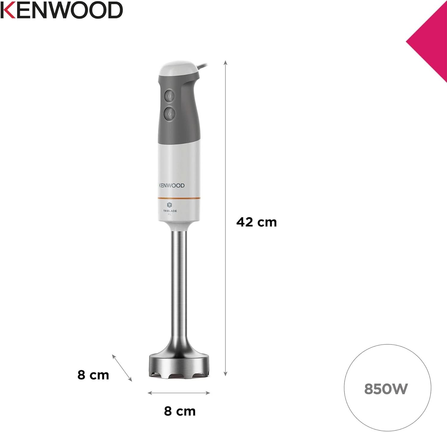 Kenwood Stabmixer HBM40.302WH, Triblade System Mit 3 Klingen, 1 Geschwindigkeit + Turbo, Metallstab 20 Cm, Inklusive Schneebesen, Messbecher, Zerkleinerer 0,5 L, 850 W, Weiß Mama si Copilul Naty Shop