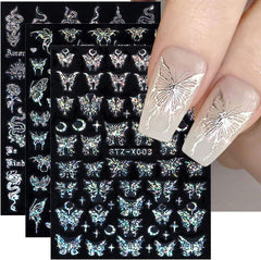 6 Blatt Schmetterling Nagelsticker Selbstklebend Laser Silber Schmetterlings Nagelaufkleber 3D Aurora Silber Schwarz Schmetterlinge Nagel Stickers Frühling Nageldesign Nail Sticker Nail Art Zubehör