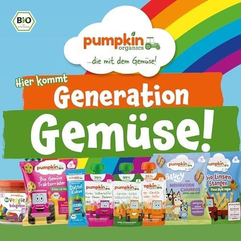 Pliculețe cu legume și cereale organice Pumpkin Organics, pachet de 8: Pară, Căpșuni, Cartofi dulci, Sfeclă roșie, Banană, Ovăz - Fără zahăr adăugat¹ - De la 6 luni - ca gustare sau aliment complementar la pachet (8 x 100g)