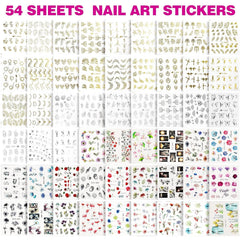 FANDAMEI 54 Blätter Wassertransfer Nagelsticker & Nail Art Pinsel Set, Dotted Pens, Blattgold Für Nagelkunst, Streifenband, Strasssteine, Werkzeug Und Dekorationen Set Für Nagelkunst Maniküre Set