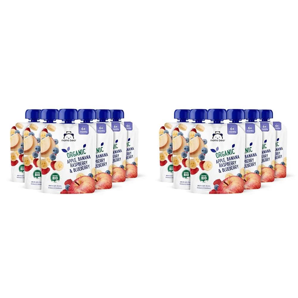 Mama Bear, Bio-Püree verschiedene Früchte, Set 6 x 90 Gramm Mutter und Kind Naty Shop 12 x 90 Gramm Äpfel, Bananen, Blaubeeren und Himbeeren