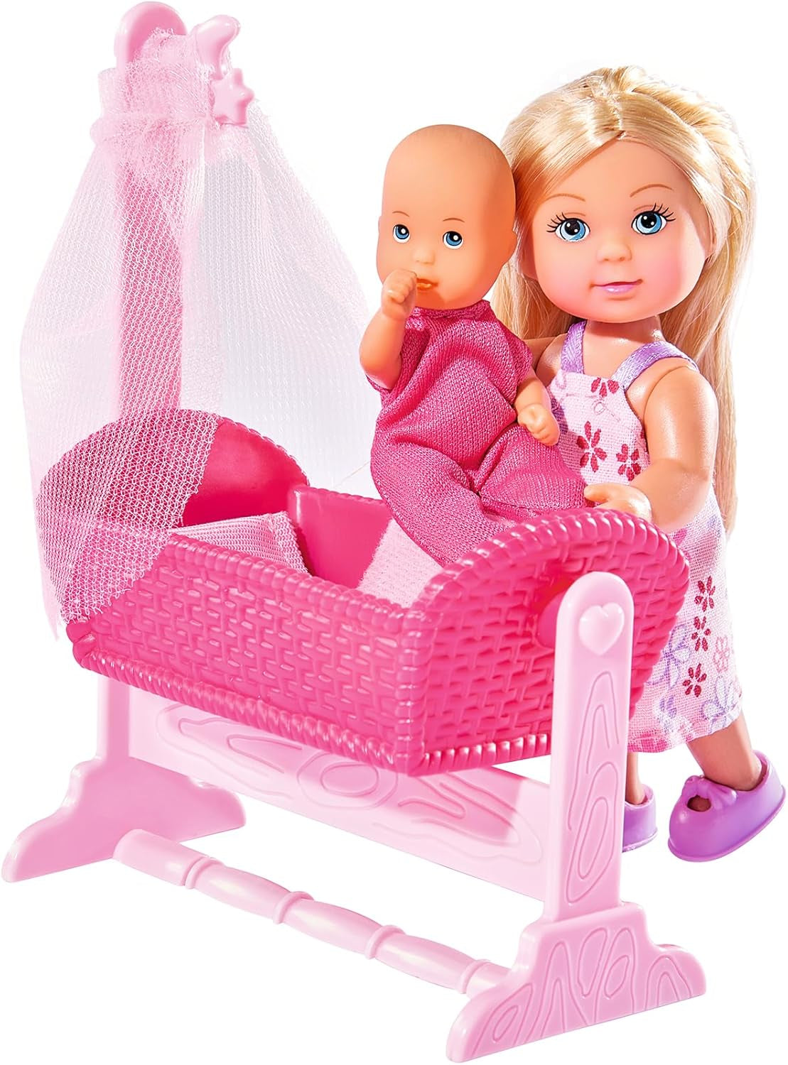 Simba 105736242 - Leagăn pentru păpușă Evi Love, 2 asortate, Evi ca bonă, cu leagăn și bebeluș, păpușă la modă, 12 cm, pentru copii cu vârsta de 3 ani și peste