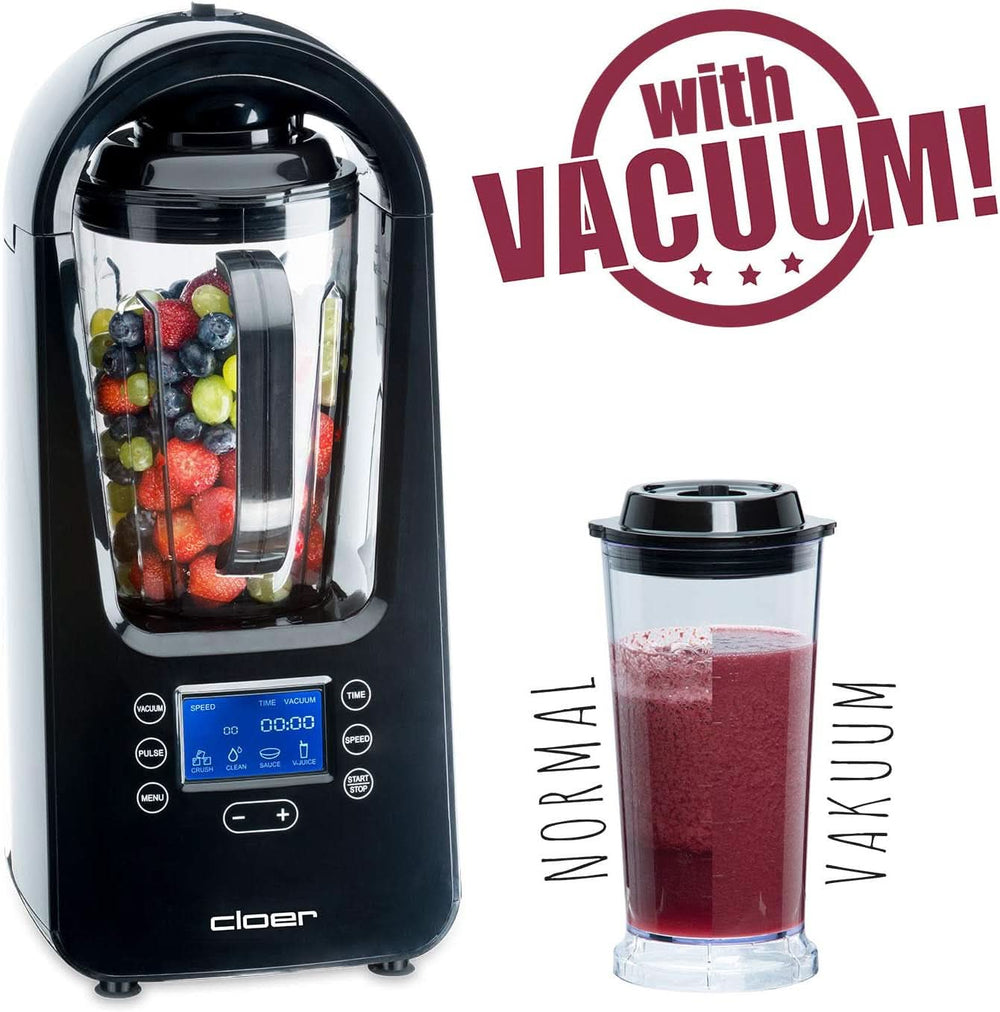 Cloer 6980 Vakuum Standmixer / 800 Watt / 21.000 U/Min. / inkl. Vorratsbehälter/Vakuumventil/Automatikprogramme/Eis-Crush-Funktion/Reinigungsfunktion/Schwarz, 1500 Milliliter Kitchen Naty Shop