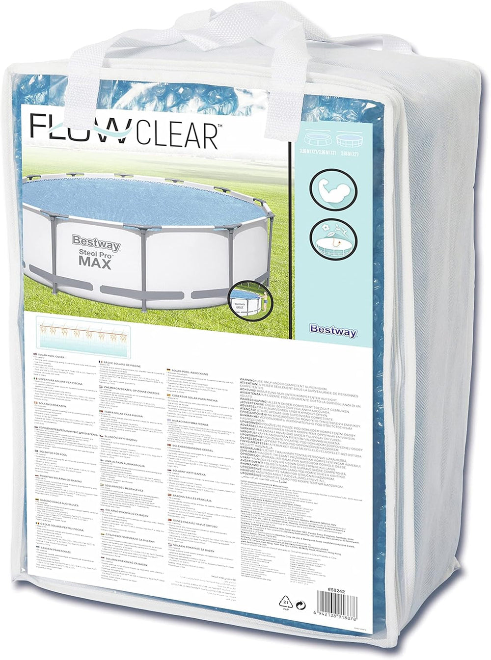 Prelată solară pentru piscină Bestway Flowclear, Ø 356 cm, pentru piscine rotunde supraterane de 366 cm și 396 cm, albastră, 58242