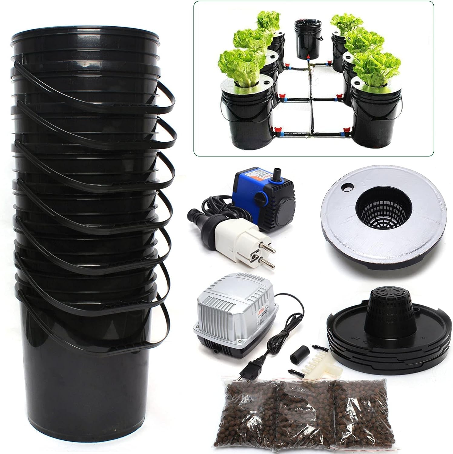 Sistem hidroponic, kit de sistem de creștere hidroponic DWC de 5 galoane, găleată de 20 l x 7, sistem de creștere hidroponică de interior, mașină hidroponică cu mai multe butoaie, sistem de irigare prin picurare