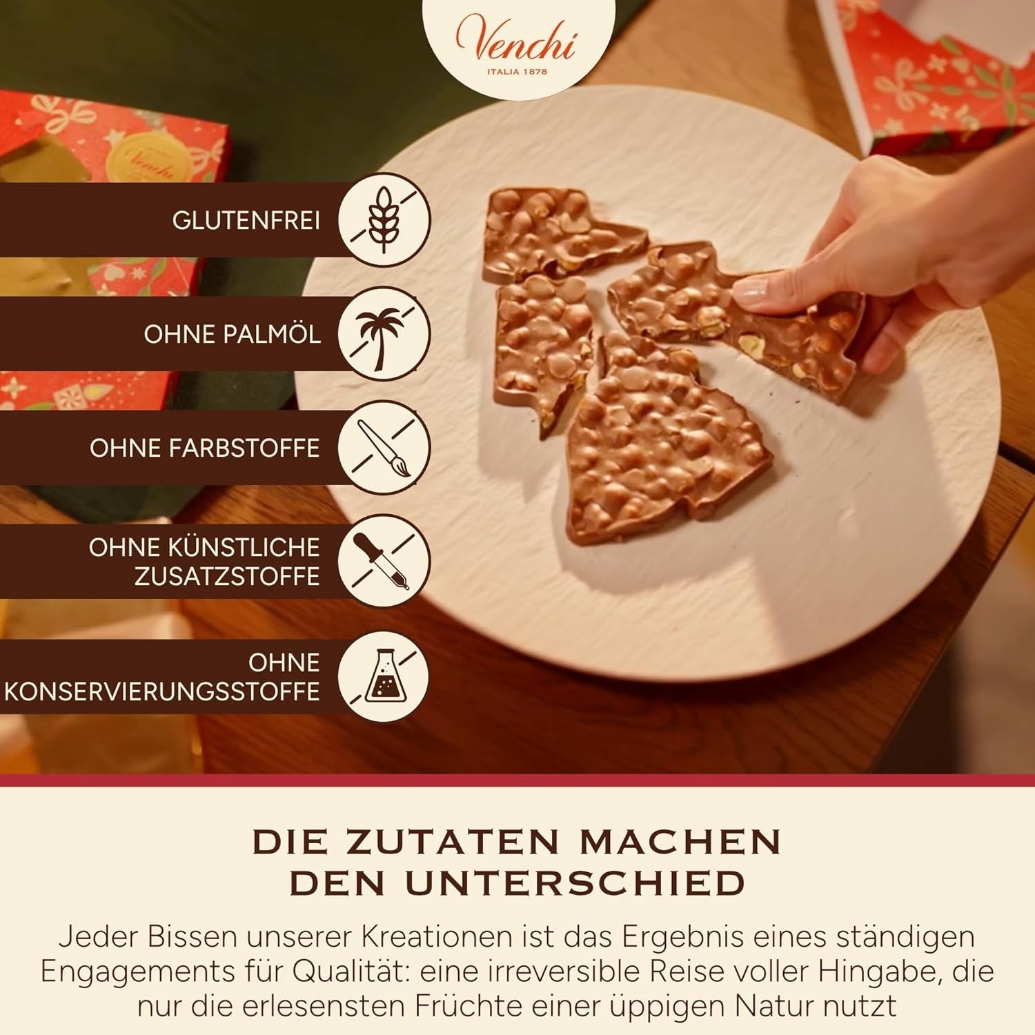 Venchi, Brutto&Buono, Tabletă de ciocolată cu lapte făcută manual cu „alune de pădure Piemont” în formă de brad, 200 g, fără gluten, Colecție de Crăciun în ediție limitată, Idee de cadou