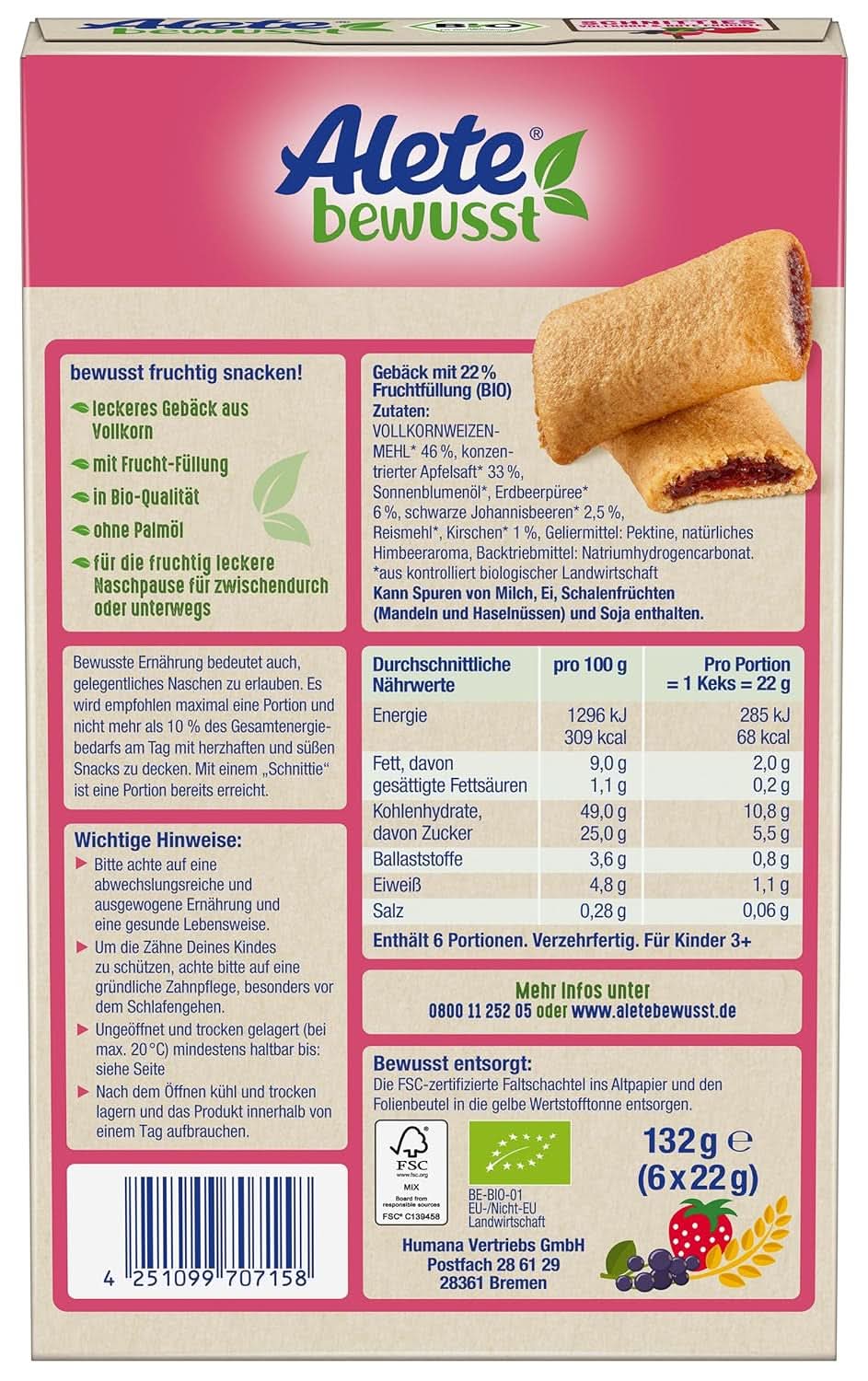 Alete Bio Schnitties, cereale integrale și fructe roșii 6 x 22 g Mama si Copilul Naty Shop
