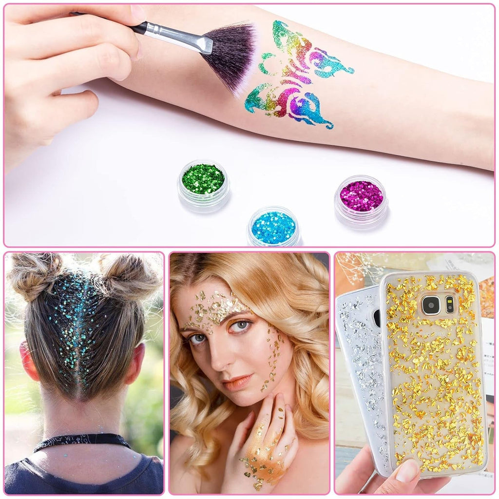 24 Farben Glitzer Set Mit Blattgold Und Glitzerpulver, Nageldesign Zubehör Pailletten Basteln Nail Art Glitter Mit Pinsel Für Nägel Gesicht Körper DIY Nagelkunst Make Up