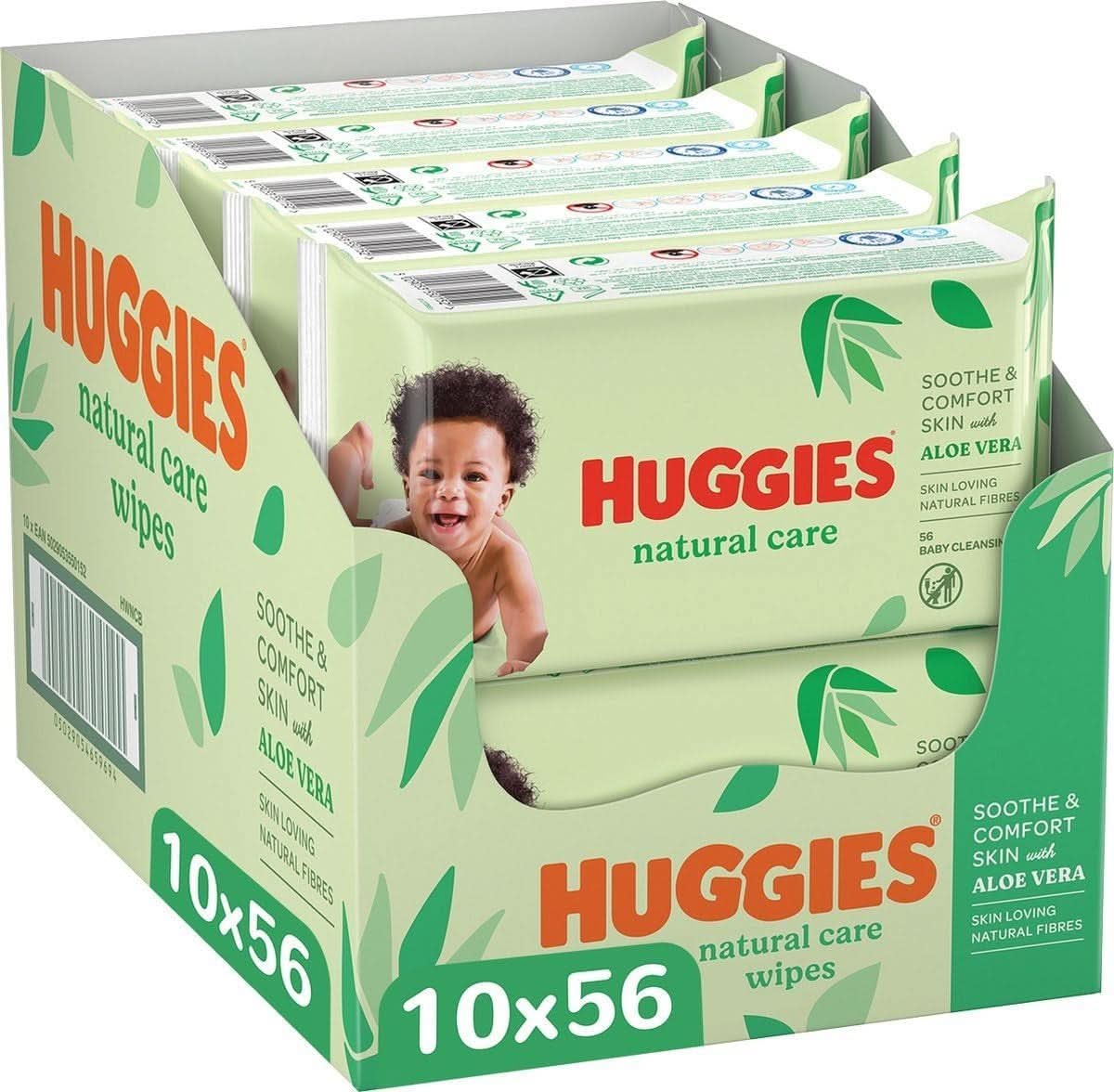 Huggies® Natural Care Baby-Feuchttücher, 10 x 56 Tücher, hergestellt aus Hautpflegefasern für eine gesunde Haut, angereichert mit Aloe Vera Baby-Feuchttücher Naty Shop