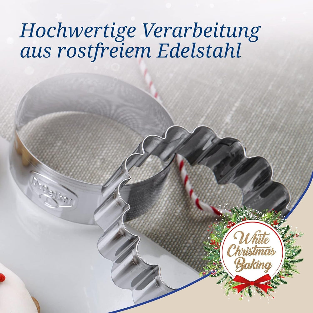 Dr. Oetker Forme de biscuiți rotunde și ondulate, set de 2 piese – Forme de biscuiți, model alb de Crăciun – Forme de biscuiți din oțel inoxidabil pentru Crăciun