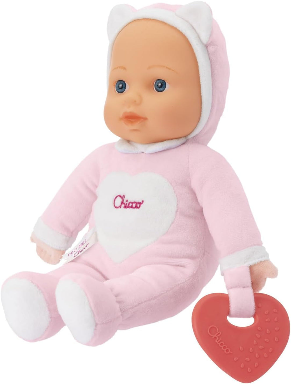Chicco Meine erste Puppe Spielzeug, Kuschelpuppe mit weichem Beißherz, weich und leicht, Babyspielzeug, maschinenwaschbar, 0 Monate Plus, Rosa