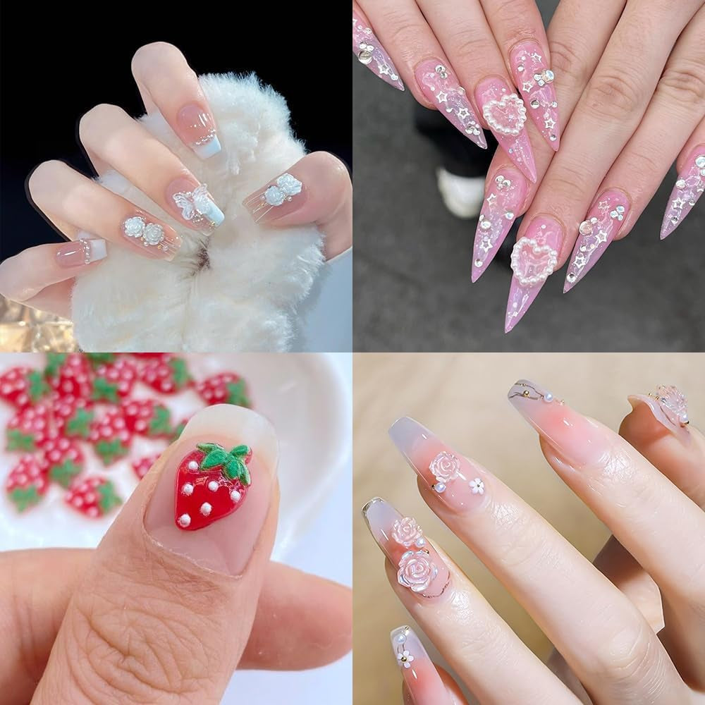 100Pcs 3D Nail Charms Rosa Rot Kirsche Erdbeere Blume Nagel Charms Kamelie Rose Schmetterling Nail Art Charms Flatback Herz Schleife Charms Nägel Zubehör Mond Stern Nagelschmuck Nageldesign Anhänger