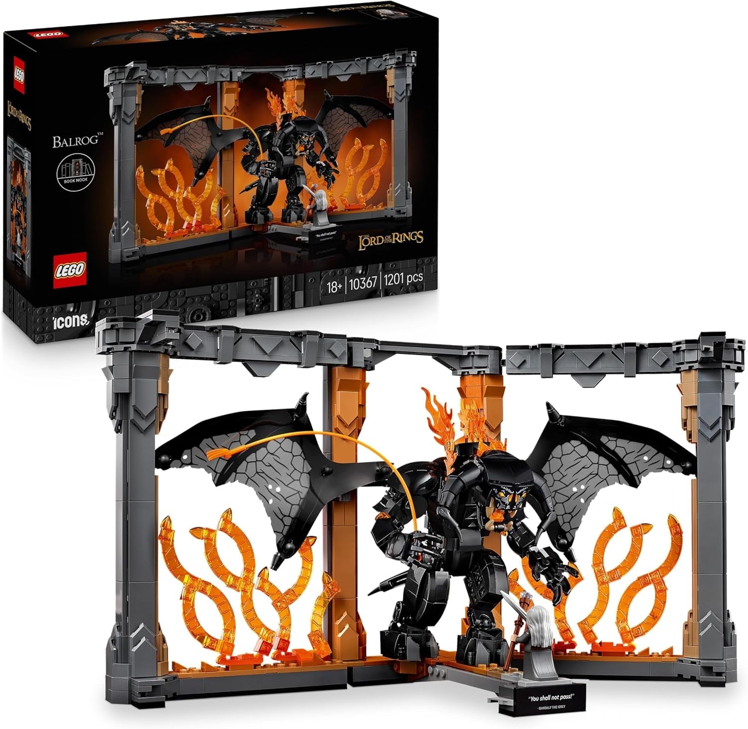 LEGO Icons Der Herr der Ringe: Balrog Bücherstütze - DIY Bücherregal Deko mit Gandalf dem Grauen Minifigur & Drachenfigur - Sammlerstück & Geschenk für Fans - 10367
