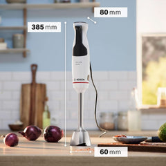 Bosch Stabmixer Ergomaster Serie 4 MSM4W210, Einhändig Bedienbar, Edelstahl-Klingen, Verschleißfreie Keramik-Kupplung, Mixbecher, Quattroblade, Antisplash Funktion, Einschaltsperre, 600 W, Weiß Mutter und Kind Naty Shop