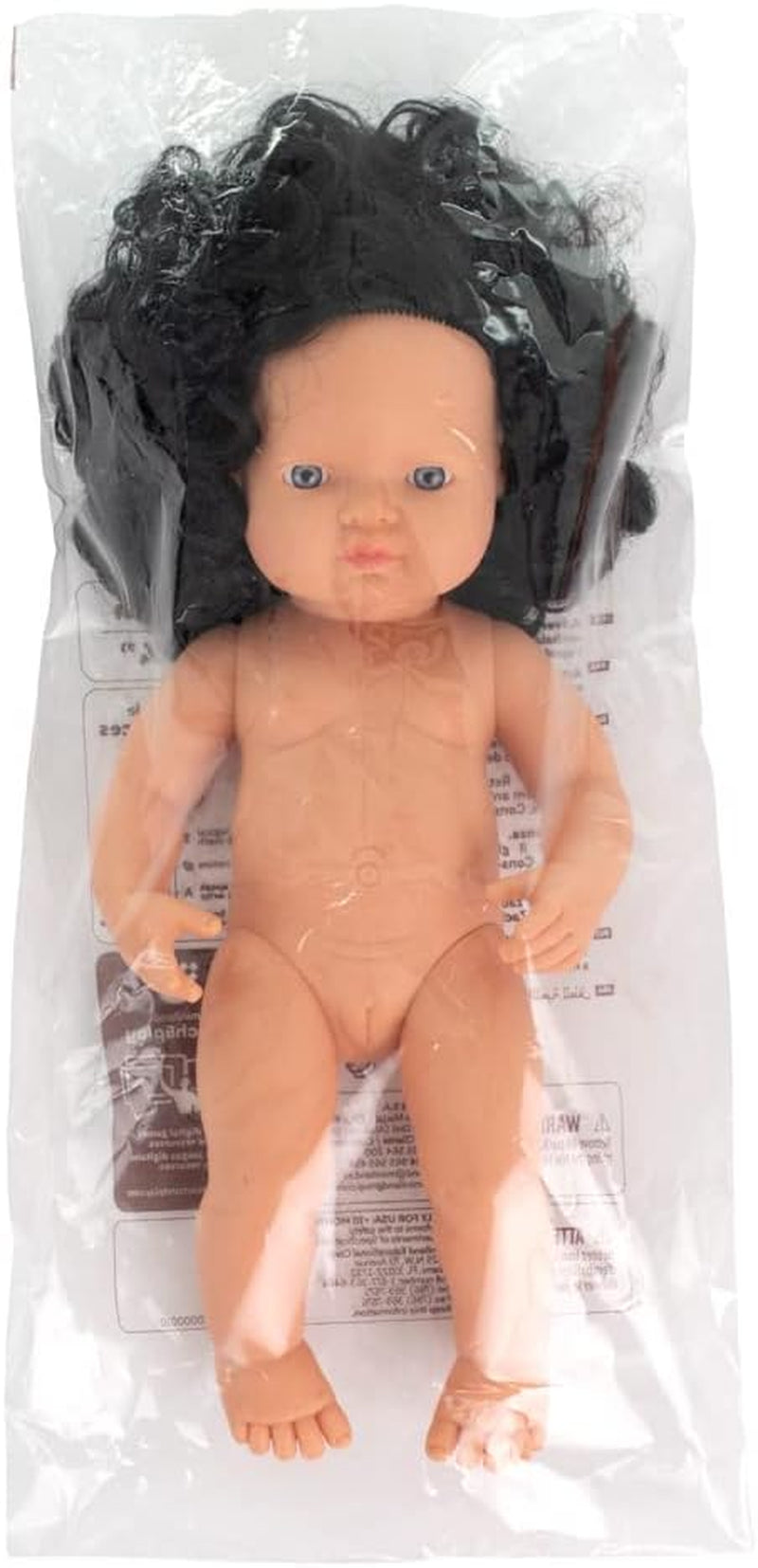 Miniland Dolls: europäische Babypuppe Mädchen mit schwarzen Locken, 38cm, aus weichem Vinyl, in transparenter Tüte. (31232)