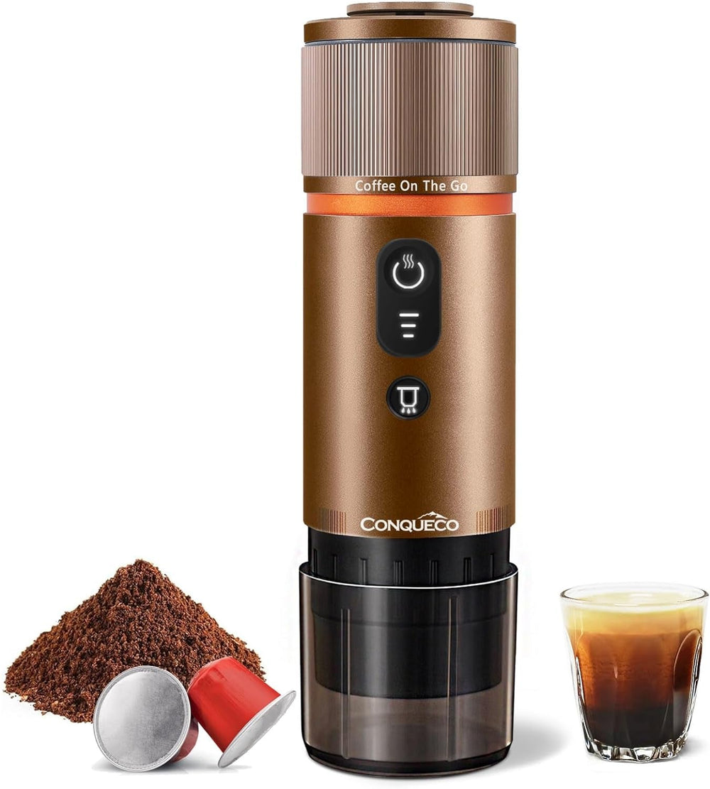 Espressor auto CONQUECO 12V: Espressor portabil cu baterie pentru camping și călătorii - Încălzire rapidă în 2,5 minute - 8 cești de espresso cu o singură încărcare