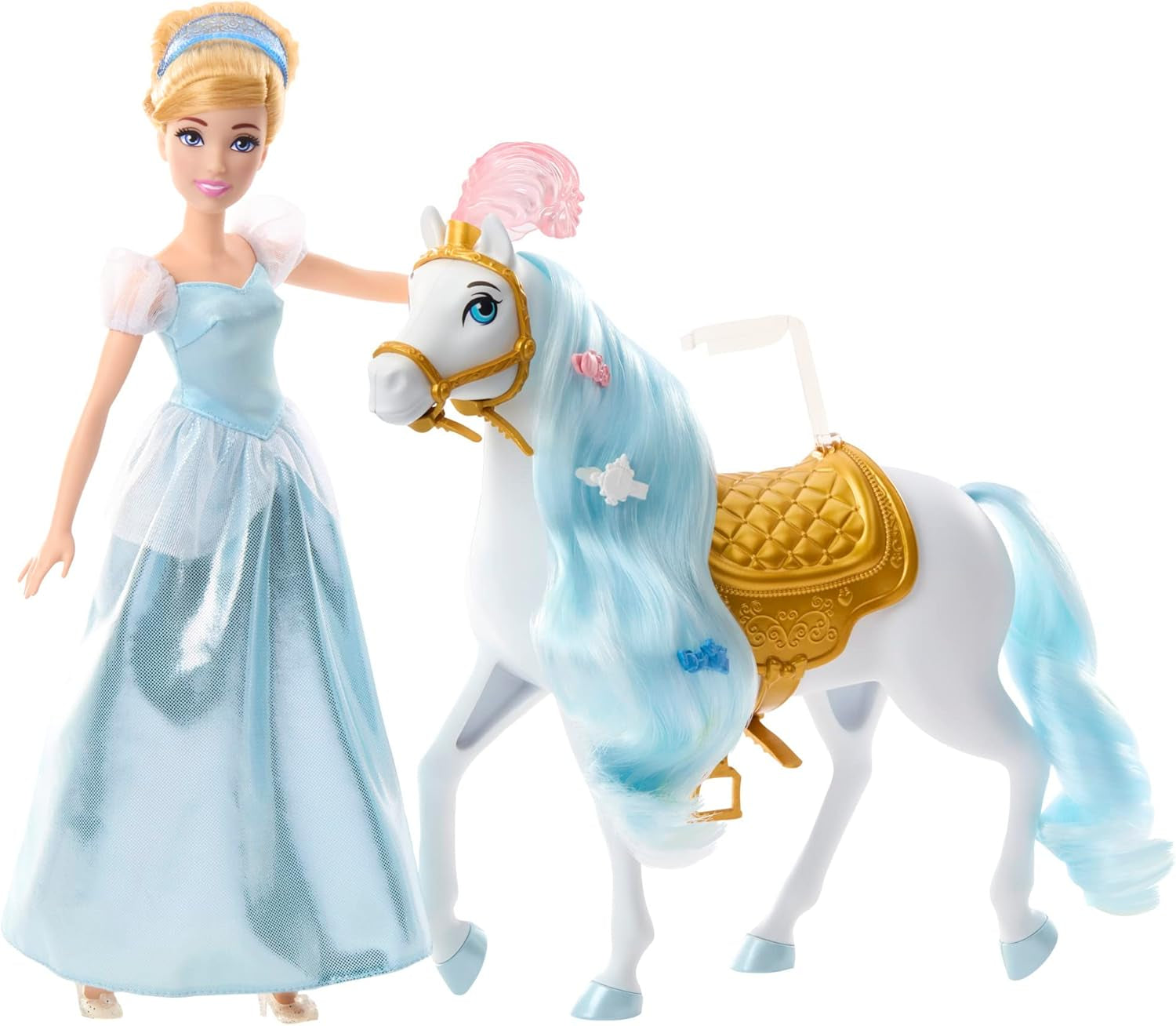Mattel DISNEY Princess Cinderella - Păpușă mobilă cu costum strălucitor, pantofi și diademă detașabile, păr pieptănabil pentru distracție la coafor, pentru copii de la 3 ani în sus, HLW06 Papusi Naty Shop Înșeuați și pregătiți pentru bal