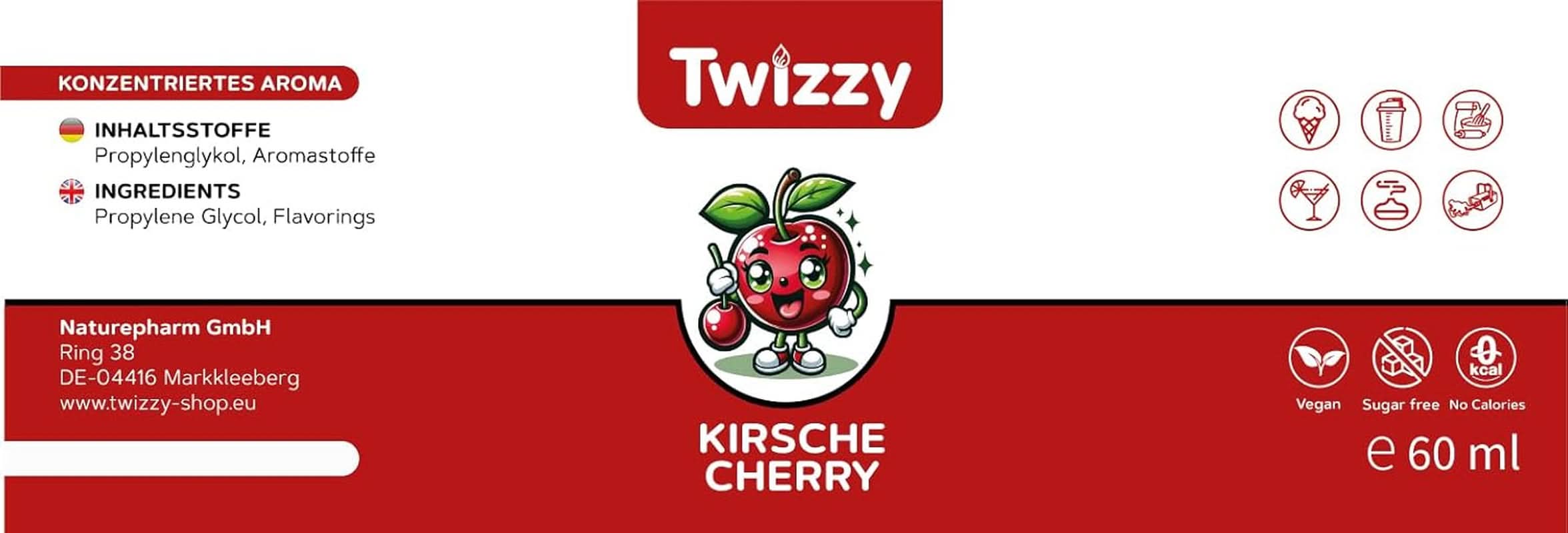 Twizzy Kirsch-Lebensmittelgeschmack – 60 ml – Intensiver Geschmack – Ideal zum Backen. Aromen Naty Shop
