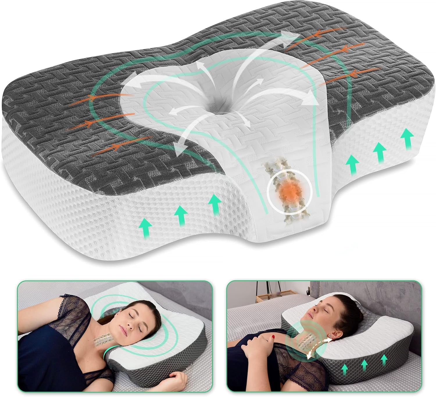 Pernă ortopedică Elviros din spumă cu memorie, pernă pentru dureri de gât, pernă de dormit, pernă ergonomică pentru gât, pernă de susținere a gâtului, pernă anti sforăit pentru cei care dorm pe o parte, cei care dorm pe stomac, alb Perne ortopedice cervicale Naty Shop Gri închis 60 X 38.6 X 9.9/13.5 Cm