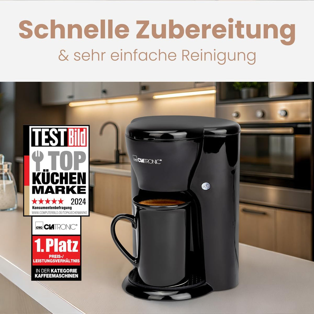 Cafetieră Clatronic® cu 1 ceașcă | Espressor perfect pentru persoane singure | Espressor cu filtru, inclusiv ceașcă ceramică | Espressor mic cu filtru, ideal pentru călătorii | KA 3356