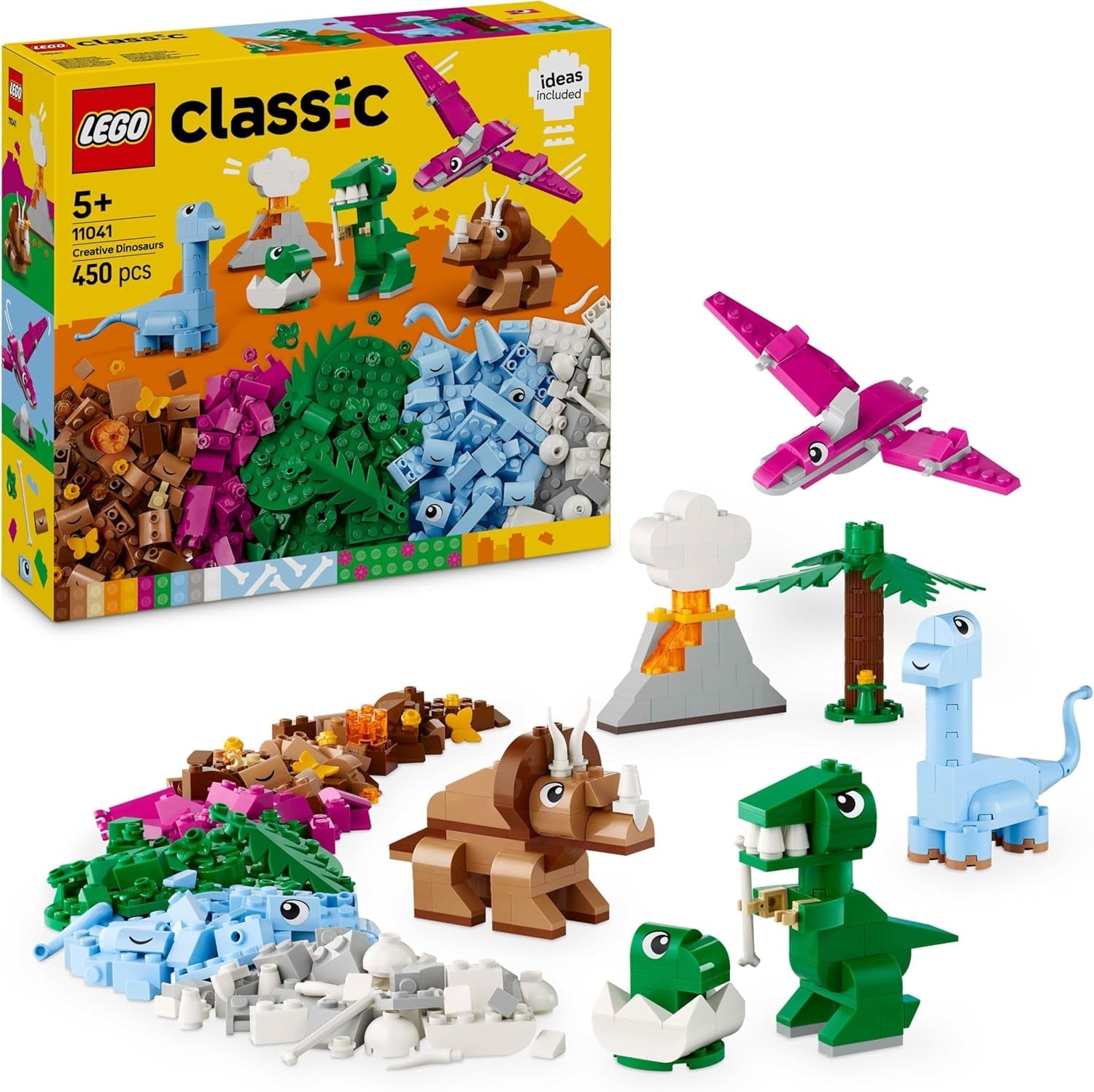 LEGO Classic Kreative Dinosaurier, Bauset mit Modellen und Tierfiguren aus Steinen, fantasievolles Spielerlebnis, Geschenk für Jungen und Mädchen ab 5 Jahren, inklusive T.Rex und Triceratops 11041