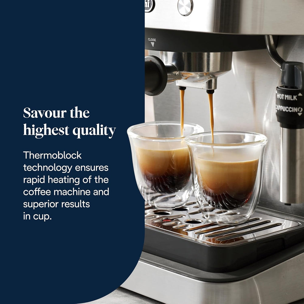 Espressor portafiltru De'Longhi Classic EM450.M cu spumator de lapte profesional, carcasă complet metalică, 15 bari, rezervor de apă de 1,7 l, oțel inoxidabil/metal