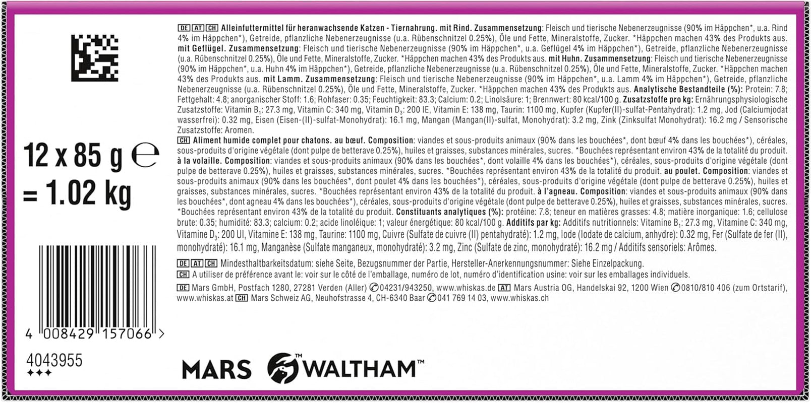 Hrană umedă pentru pisici Whiskas Junior Classic Selection în sos, 48 de pliculețe, 12 x 85 g (pachet de 4) – Hrană umedă de înaltă calitate pentru pisici în creștere, de la 2 la 12 luni