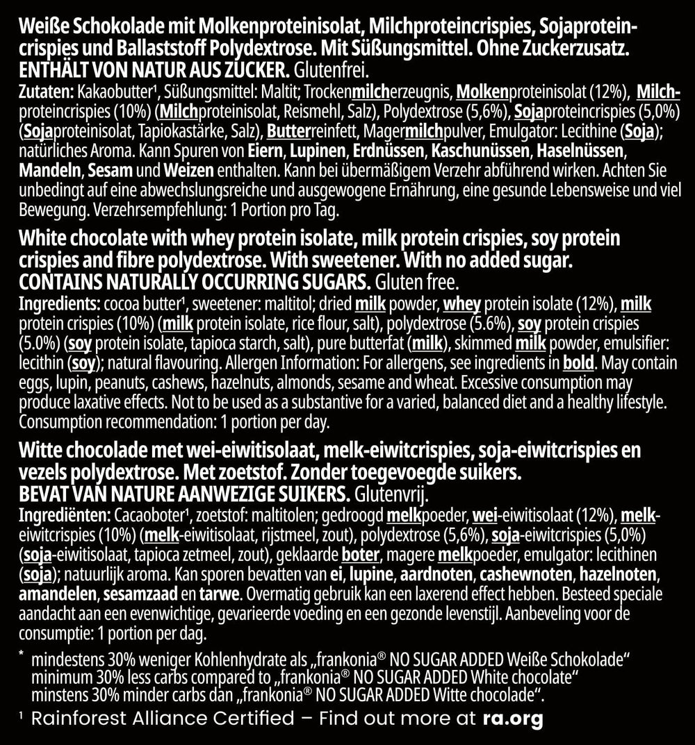 frankonia CHOCOLAT POWER MOTION fără zahăr adăugat - Ciocolată albă crocantă cu conținut ridicat de proteine și conținut scăzut de carbohidrați, 90 g