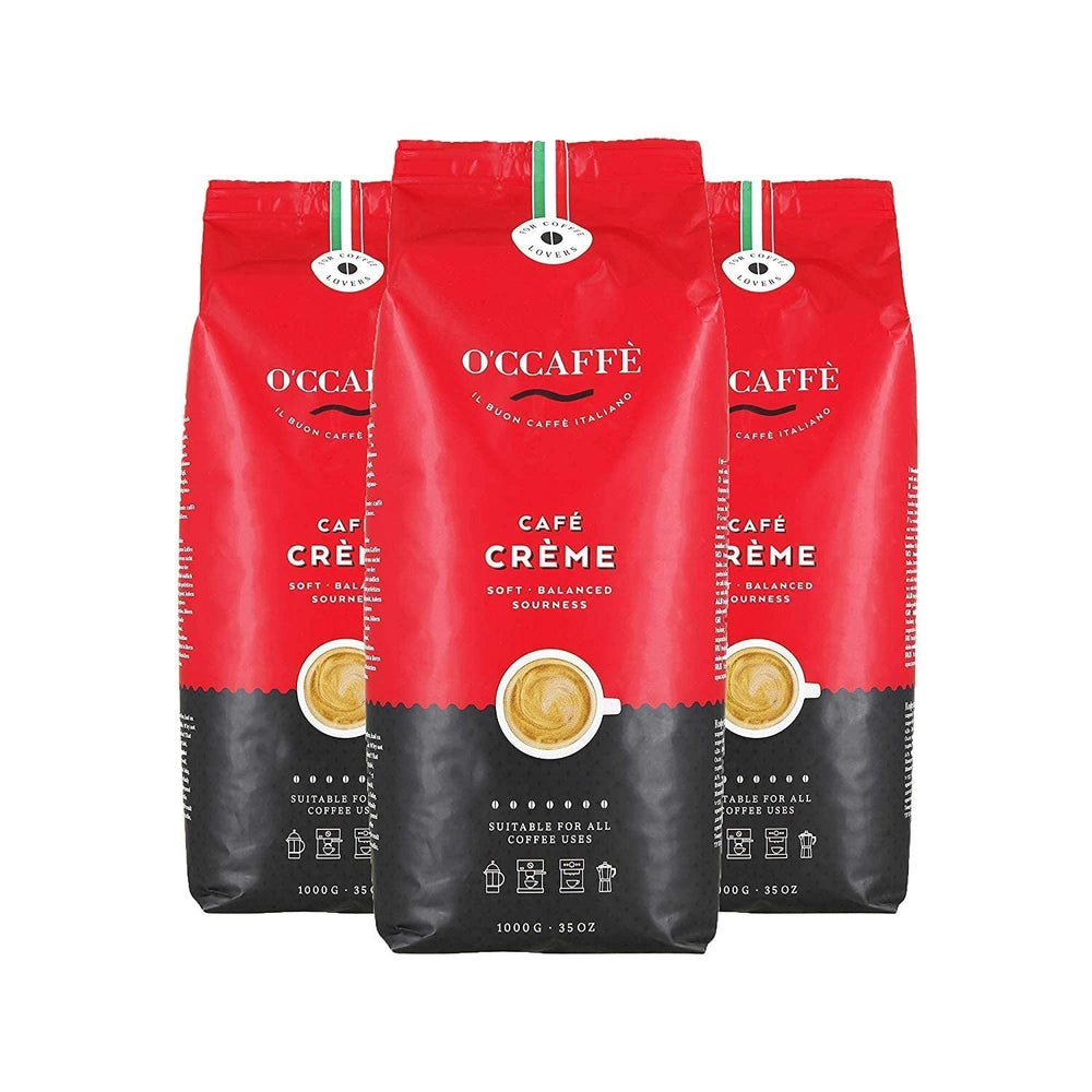 O'CCAFFÈ - Café Crème, ganze Kaffeebohnen, aromatische Kaffeecreme, geringer Säuregehalt, sehr langsame Röstung in der Trommel vom italienischen Familienunternehmen Coffee Naty Shop 3 x 1 kg Café Crème