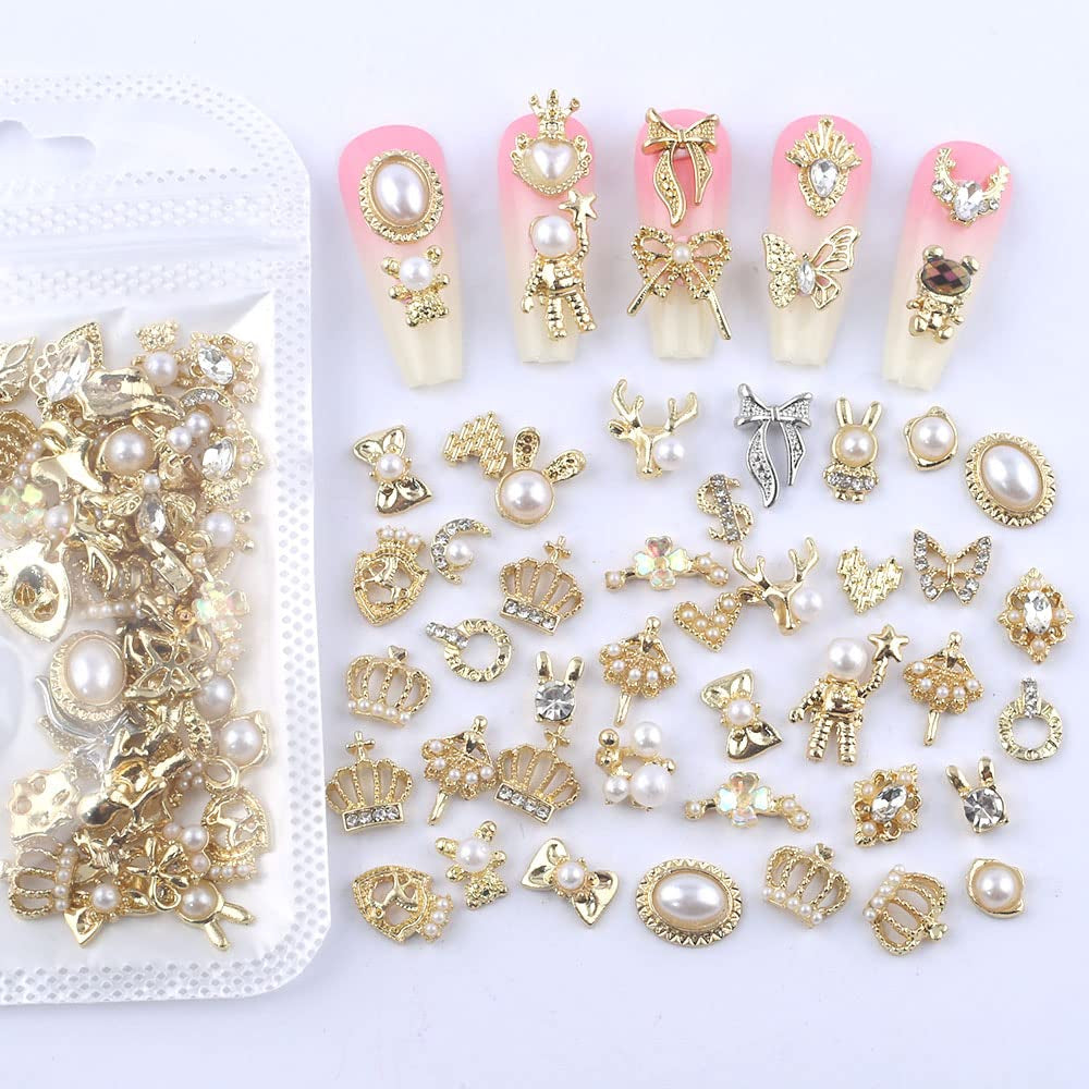 50 Stück Gold Nail Charms,Mix Styles Glitzersteine Nägel Perle Legierung Nagel Steine Blume Schmetterling Strasssteine Nägel Herz Stern Nagel Charms DIY Nail Art Zubehör Frauen Nägel Deko