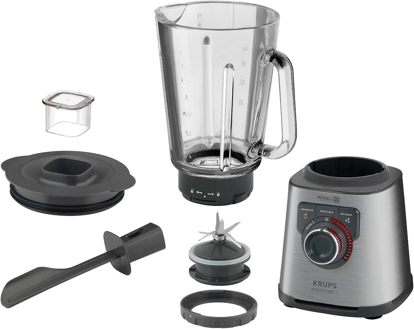 Krups KB403D Perfectmix + Hochleistungsstandmixer | 1.200 W | 28.000 U/min | 2L Glasbehälter | 3 voreingestellte Programme | Powelix-Technologie | Edelstahl/Dunkelgrau Kitchen Naty Shop