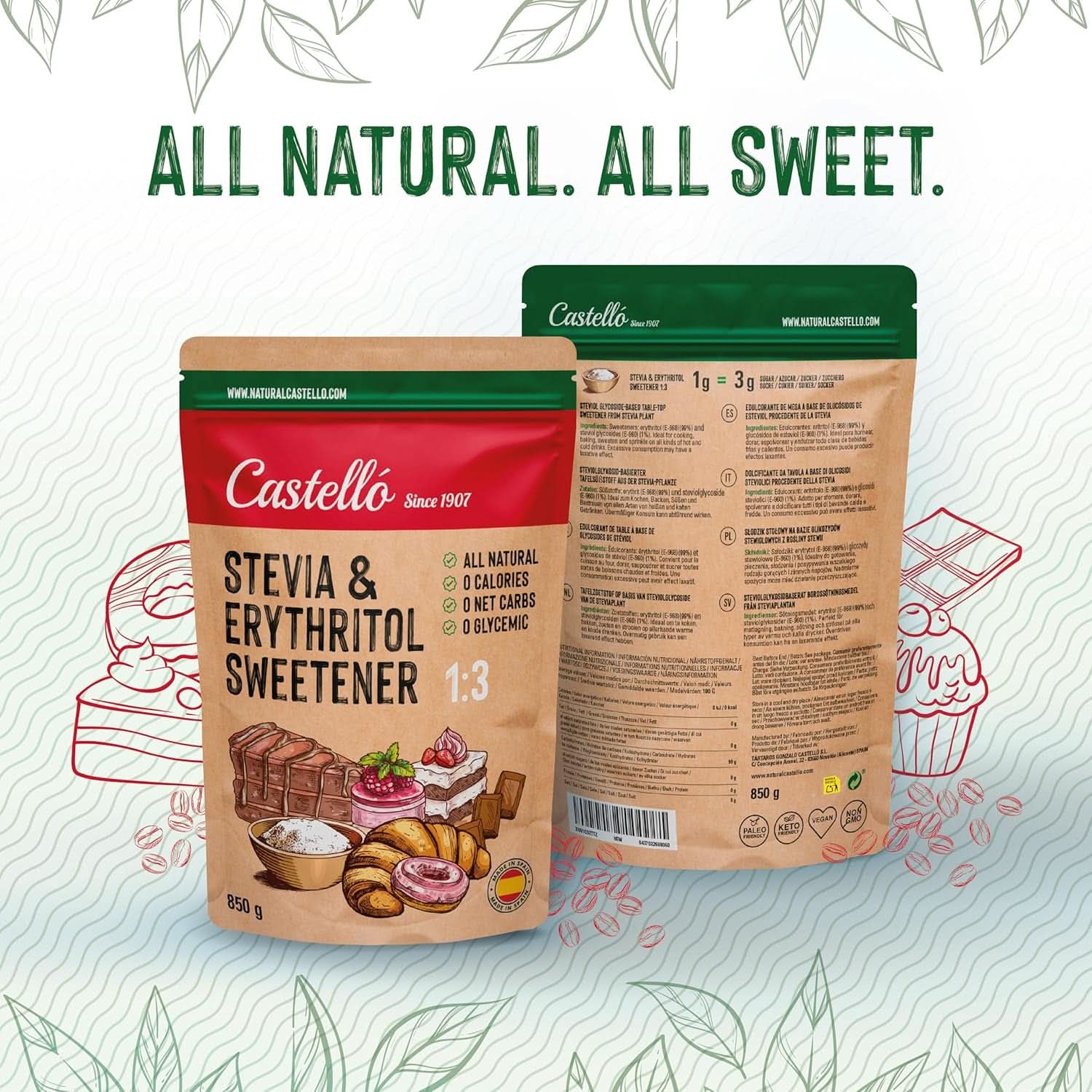 Stevia + Erythritol 1:3 Süßstoff, 1G = 3G Zucker, 850 Gramm Süßstoffe Naty Shop