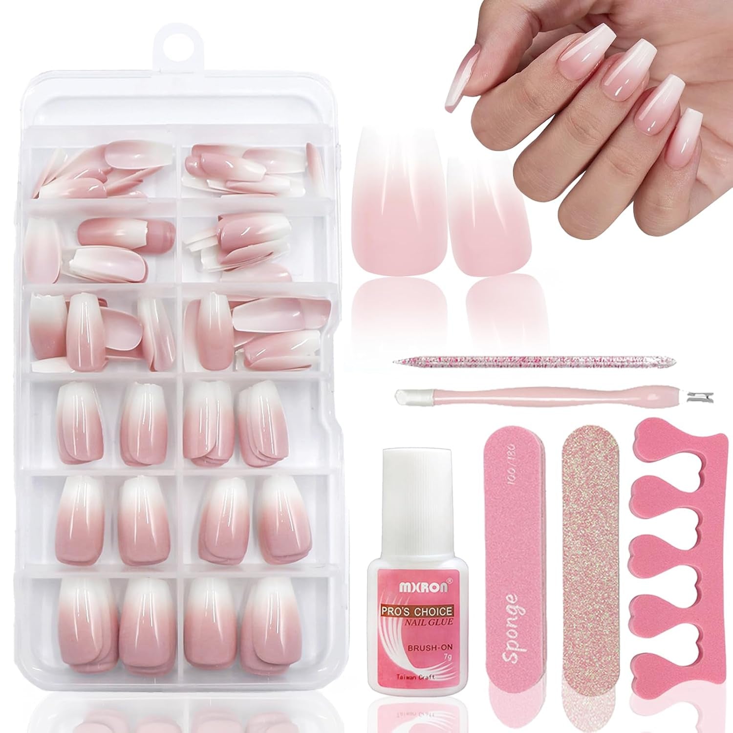 120 buc unghii false roz nud cu lipici de unghii - 12 dimensiuni unghii ovale scurte, pătrate, prin presare - unghii frumoase, unghii artificiale pentru lipire - potrivite pentru designul unghiilor DIY pentru femei (gradient roz Squoval)