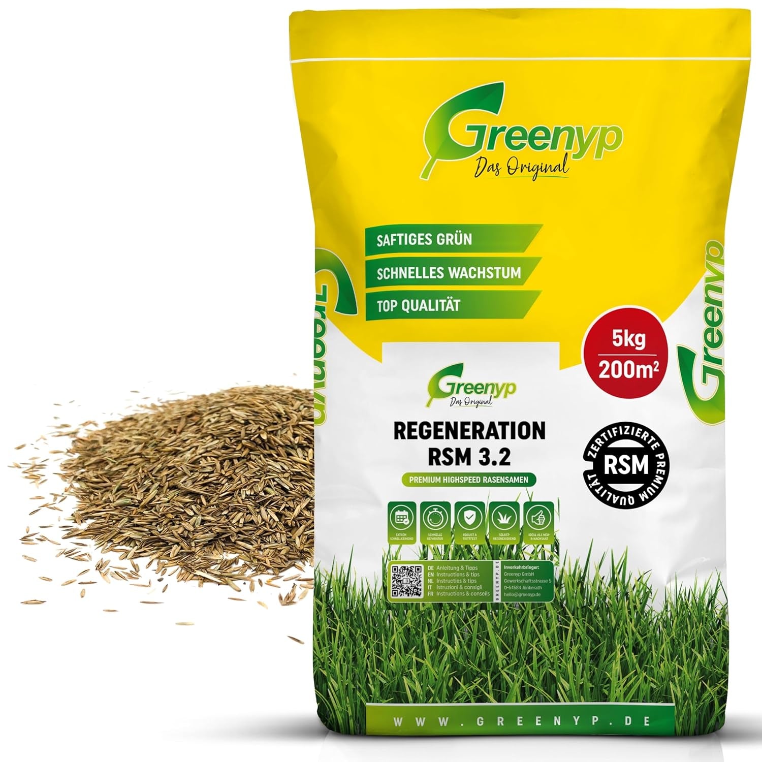 Greenyp Turbo Nachsaat RSM 3.2 I Rasensamen Schnellkeimend Frühjahr I 0,2Kg Für 10M² I Ideal Gegen Lücken Als Neu- & Nachsaat I 100% RSM Rasensamen I Grassamen Rasensaat Gras Reparaturrasen