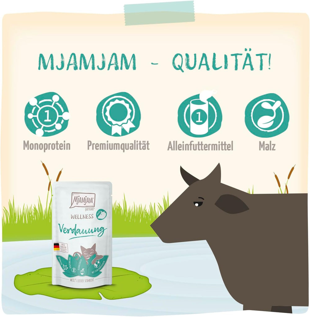 MjAMjAM - Hrană umedă premium pentru pisici - Wellness - Digestivă - Vită, pachet de 12 (12 x 125g), fără cereale