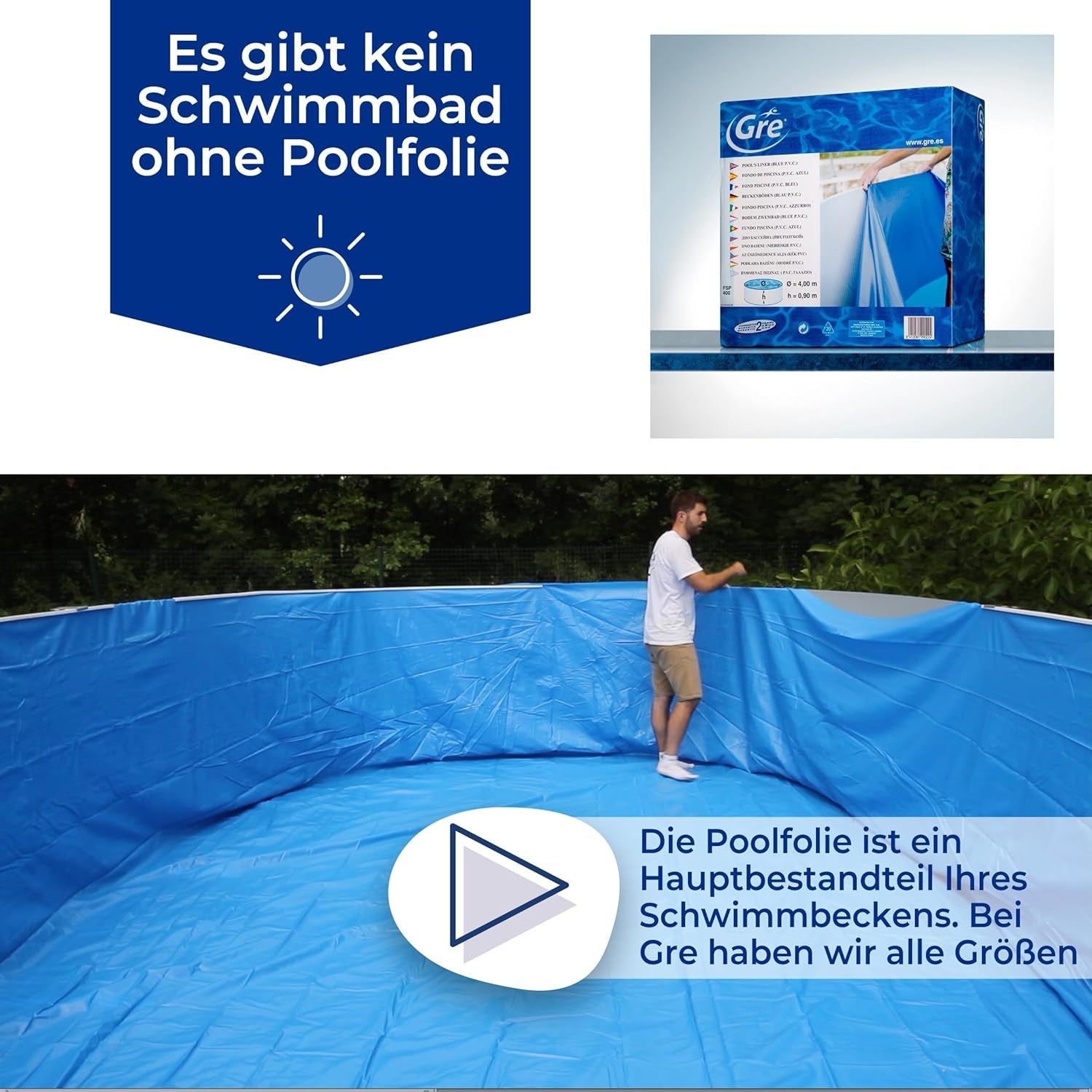 Gre FPR301 - Căptușeală pentru piscine rotunde, 300 x 120 cm (lungime x înălțime), sistem de agățare, albastră