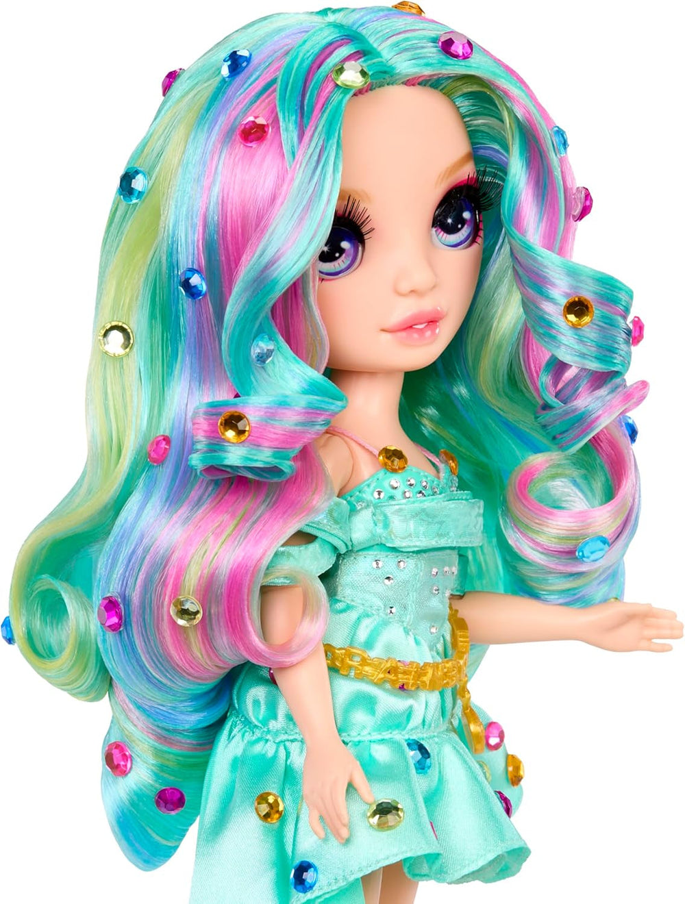 Păpușă de modă Rainbow High Be Dazzling – Celine Turquoise – Albastru-Verde, 28 cm, cu unealtă de decorat, pietre prețioase strălucitoare și accesorii de styling