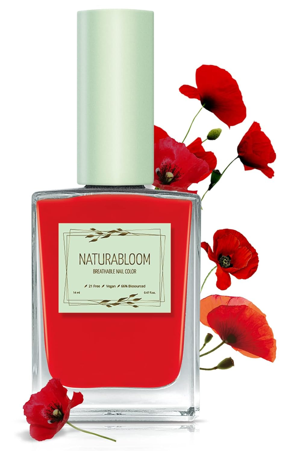 Oja roșie cu uscare rapidă (Poppy Red) - ojă naturală cu formulă vegană - respirabilă, sustenabilă și de lungă durată, 14 ml