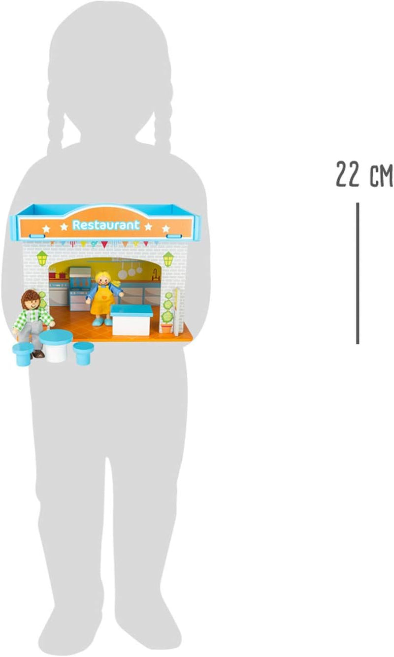 Small Foot 10852 Spielhaus Restaurant aus Holz, mit 2 Puppenfiguren, Zubehör und abnehmbarem Dach, ab 3 Jahren Naty Shop Puppenhäuser