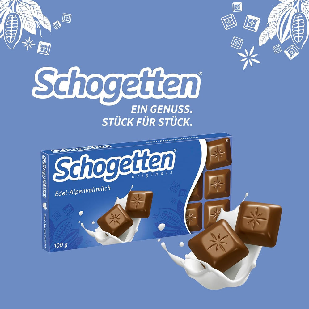 Baton de ciocolată cu lapte Schogetten Premium Alpine, 100g, porționat individual. O încântare. Bucată cu bucată.