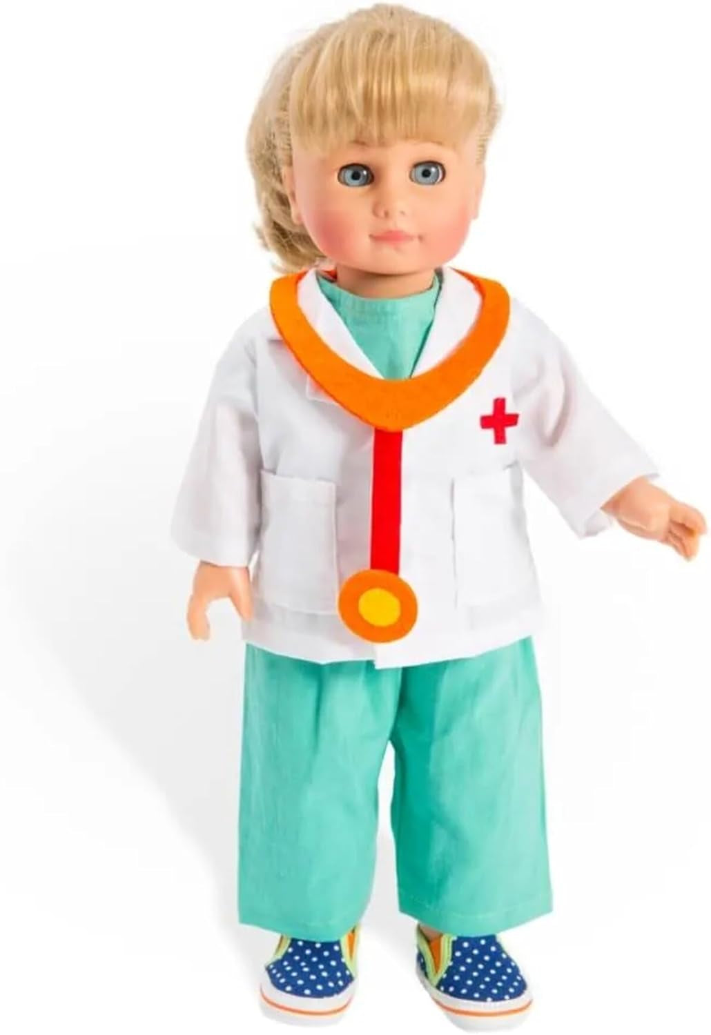 Heless 2653 - Bekleidungs-Set für Puppen, 4 teiliges Arzt-Outfit mit Hose, Hemd, Arztkittel und Stethoskop, Größe 35 - 45 cm