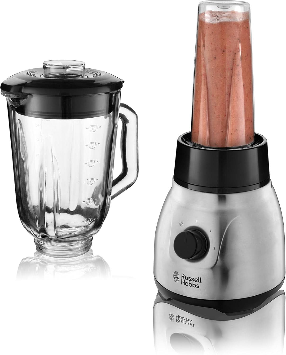 Russell Hobbs Standmixer 2-in-1 [1,5L Glasbehälter Mixer & 0,6L Mini Smoothie Maker -To-Go-Trinkflasche inkl. Deckel] Spülmaschinenfest, Impuls-/Ice-Crush-Funktion, Becher BPA Frei, Edelstahl 23821-56 Kitchen Naty Shop