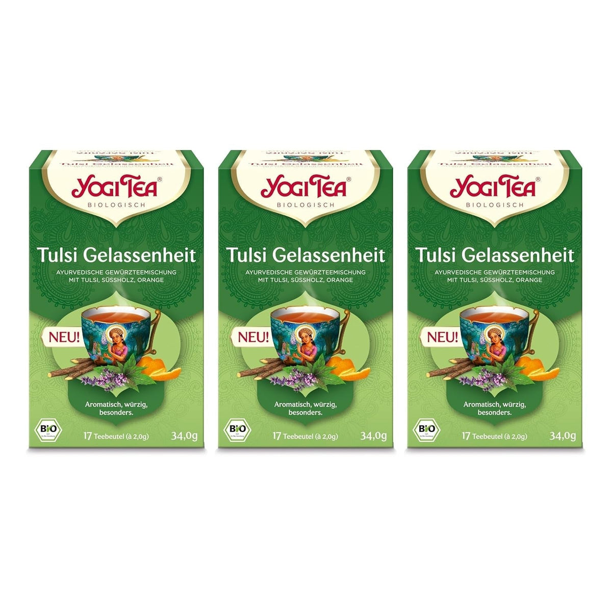 Yogi Tea - Tulsi Serenity, ceai ayurvedic din plante bio, fără cofeină din natură, amestec de tulsi - busuioc „sfânt”, lemn dulce și portocală, Yogi Tea pachet de 3, 3X17 pliculețe (51 pliculețe de ceai)